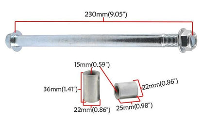 15mm PITBIKE FRONT WHEEL SPINDLE 230mm WITH 36mm & 25mm SPACERS