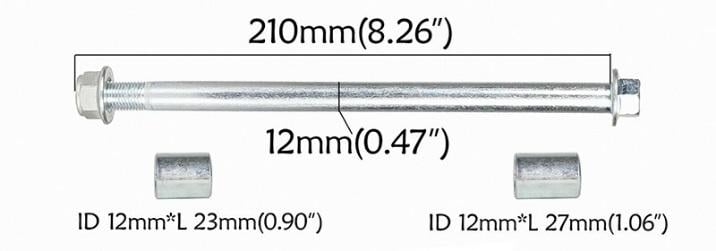 12MM PITBIKE WHEEL SPINDLE 210MM, PITBIKE, OFF ROAD, DIRT, WITH 12MM & 12MM SPACERS