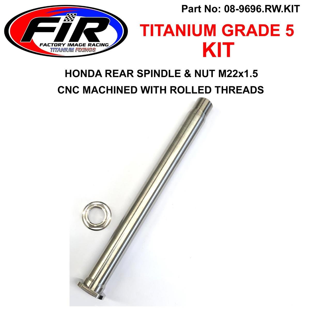 HONDA REAR SPINDLE & NUT M22x1.5, TITANIUM GRADE 5 / OEM REF: 42301-KRN-A30 & 90305-KZ4-J20
