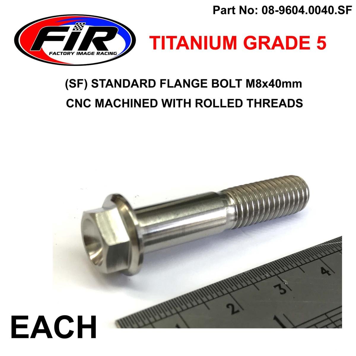 TITANIUM GR5 BOLT M8 x 40mm EACH, FLANGE OD: 14mm / HEX SIZE: 10mm, /