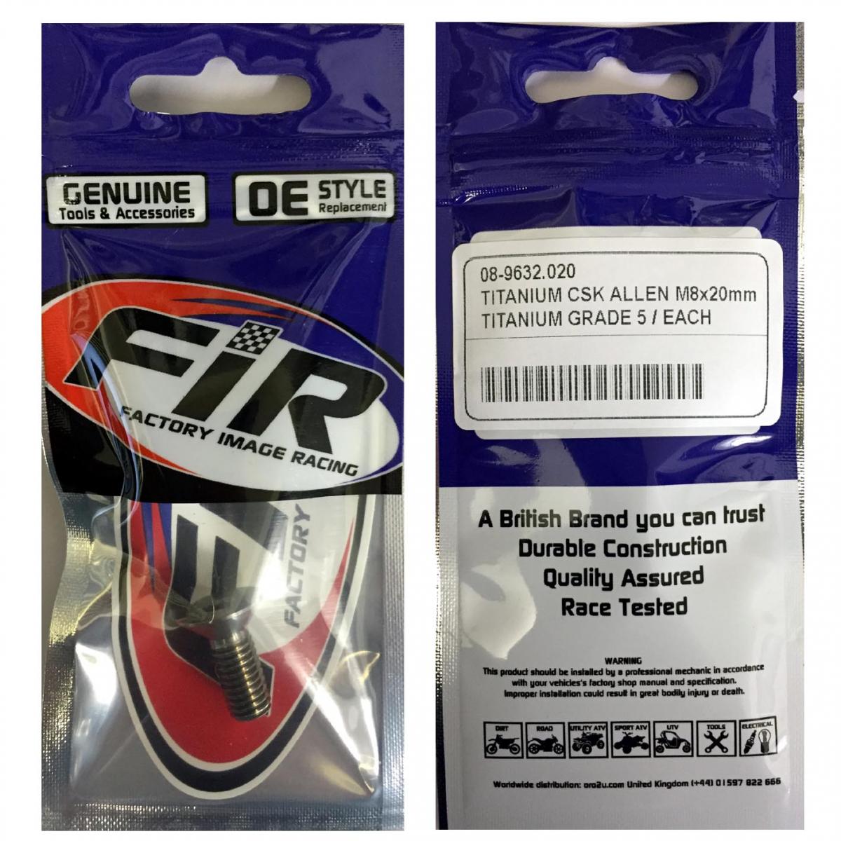 TITANIUM CSK ALLEN M8X20mm, TITANIUM GRADE 5 / EACH