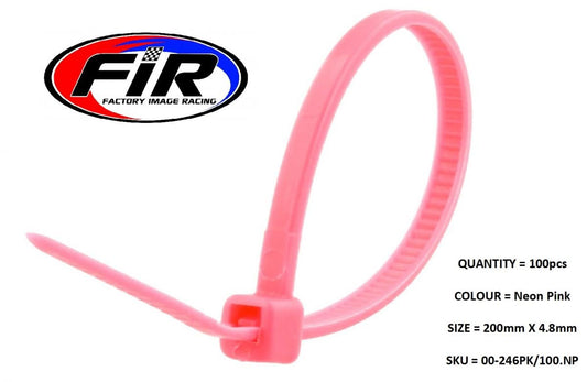 NYLON CABLE ZIP TIES - NEON PINK, 200mm x 4.8mm - PACK OF 100