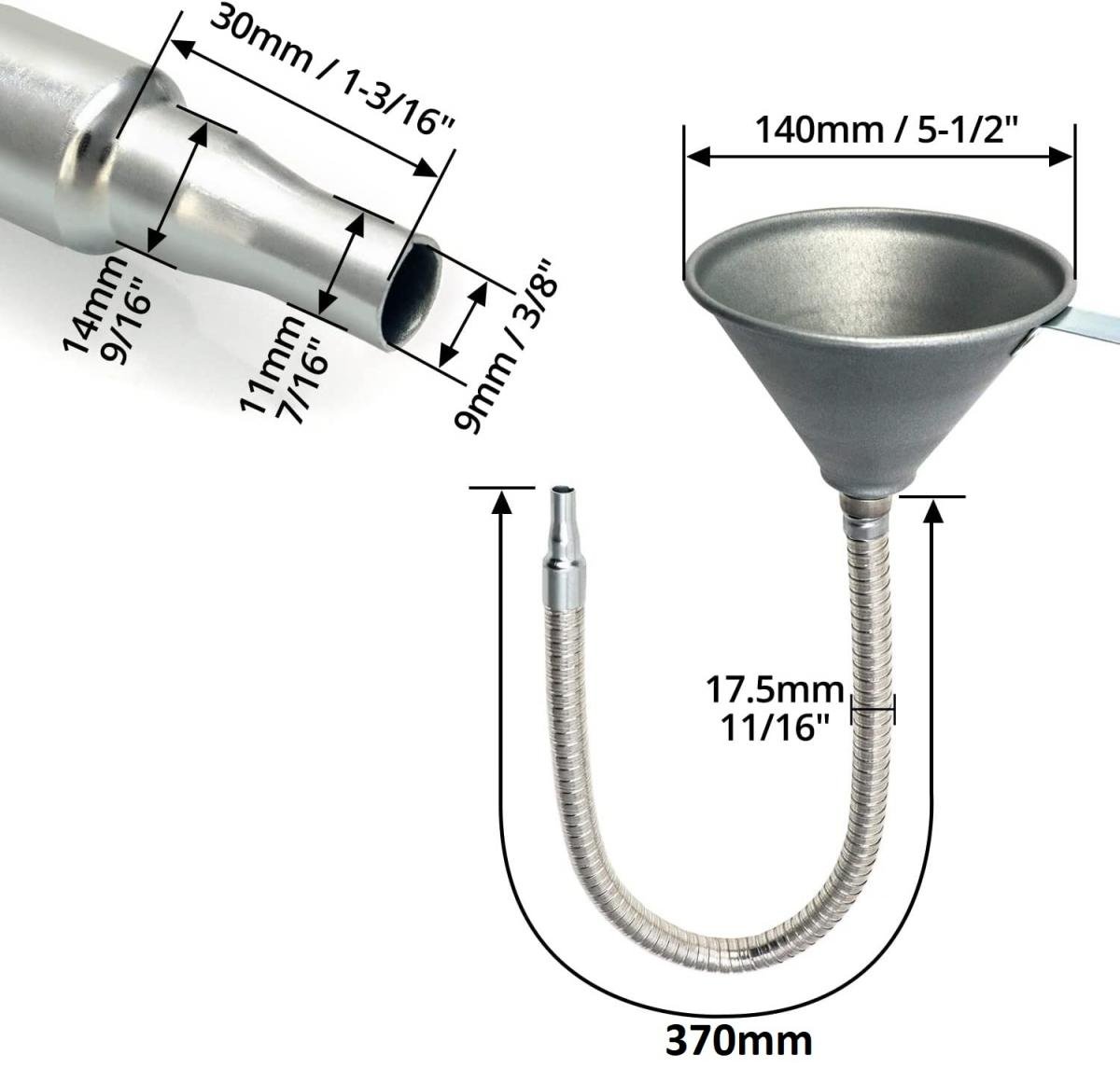 METAL FLEXIBLE SHAFT FUNNEL, MESH FILTER / 370MM LONG / BENDABLE