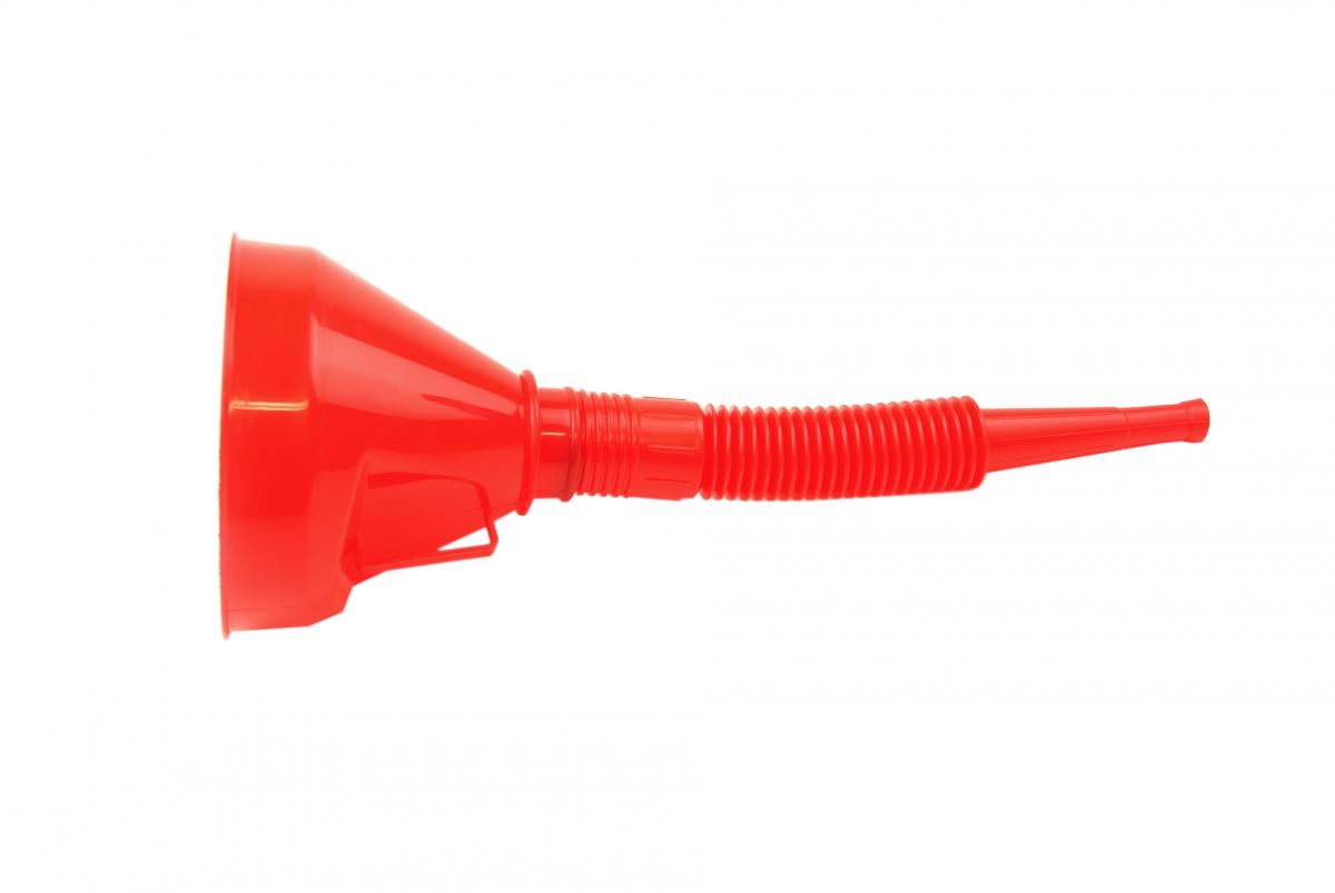 PLASTIC FLEXIBLE FUNNEL RED, 290MM LONG WITH FILTER MESH