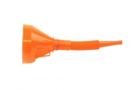 PLASTIC FLEXIBLE FUNNEL ORANGE, 290MM LONG WITH FILTER MESH