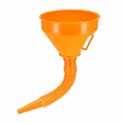 PLASTIC FLEXIBLE FUNNEL ORANGE, 290MM LONG WITH FILTER MESH