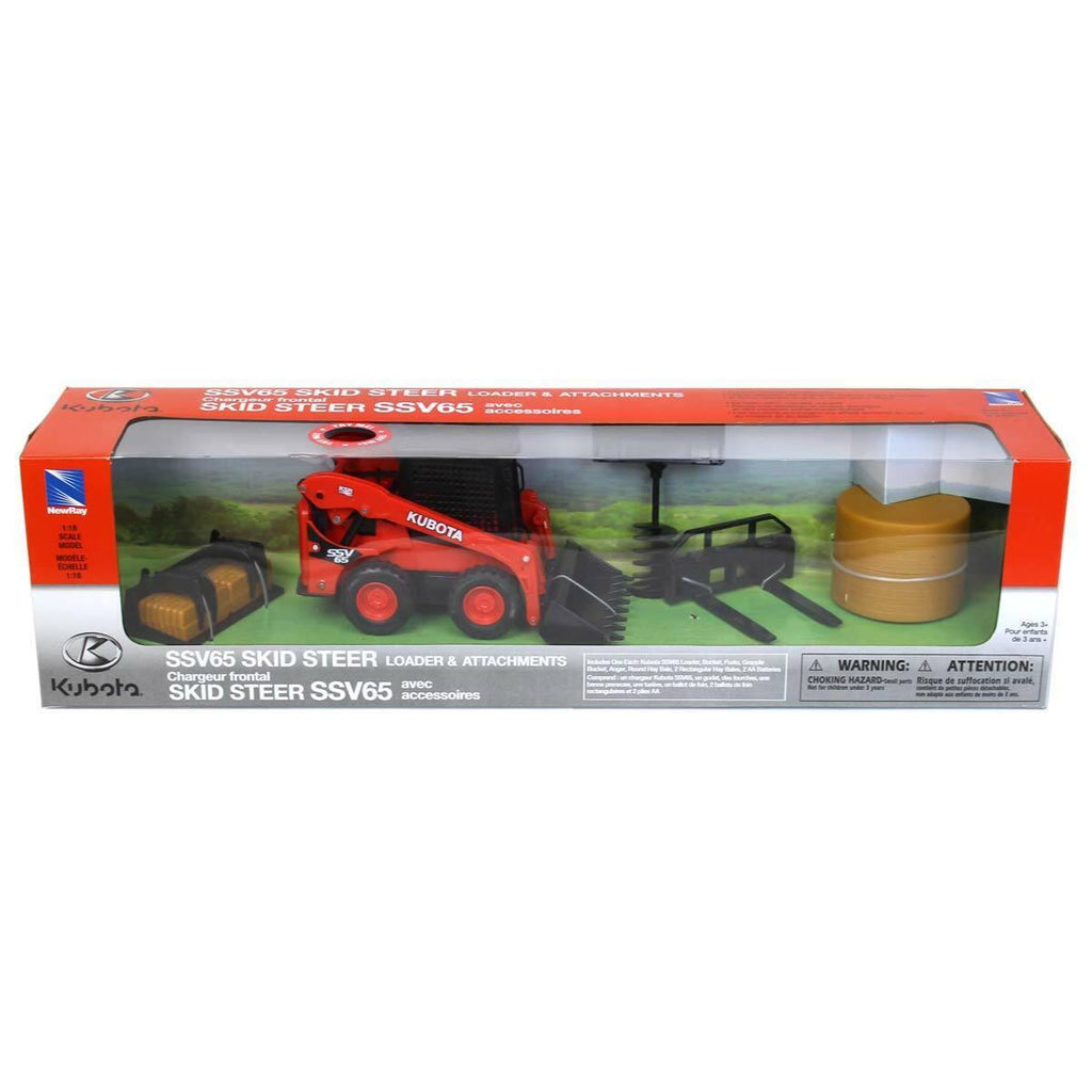 MODEL KUBOTA SSV65 SKID LOADER & PARTS, B/O LIGHT & SOUND (TRY ME), SCALE 1:18, NEWRAY SS-33133D