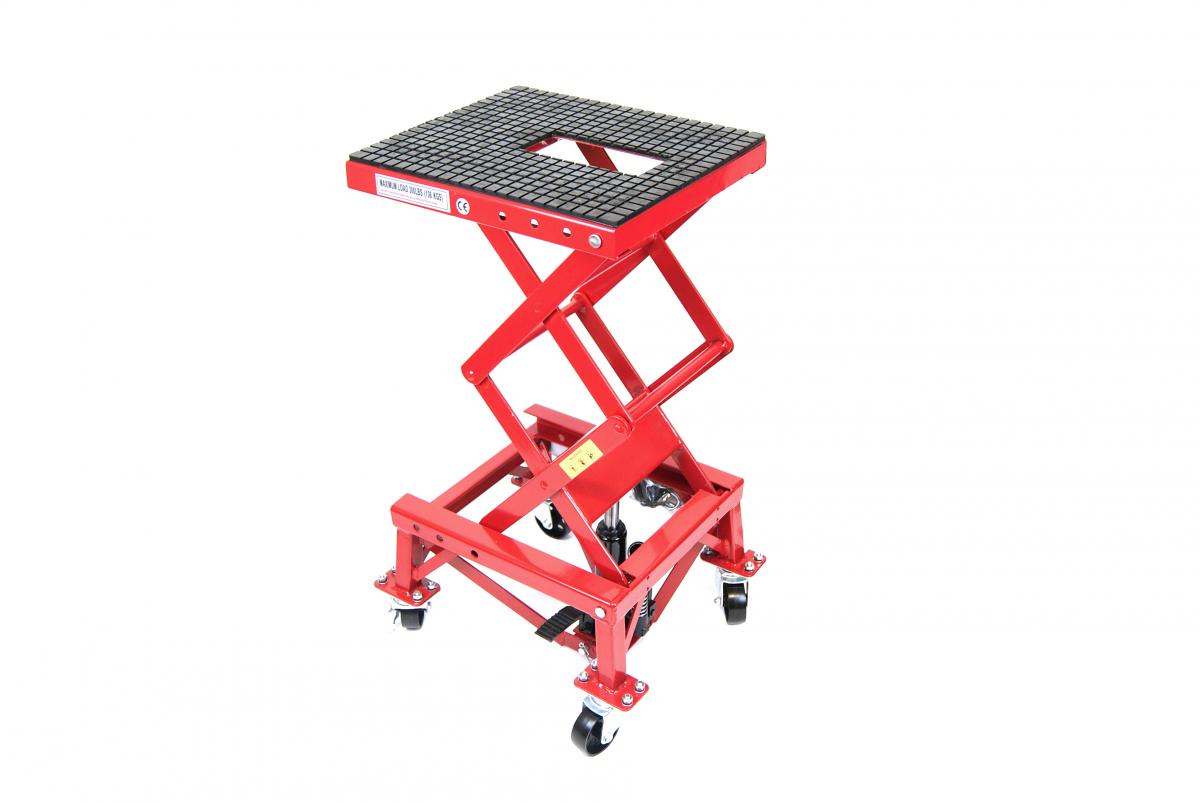 WHEEL ABOUT LIFT HDY 135KGS, RED HYDRAULIC SCISSOR STAND, MAX LIFT WEIGHT 135 KGS