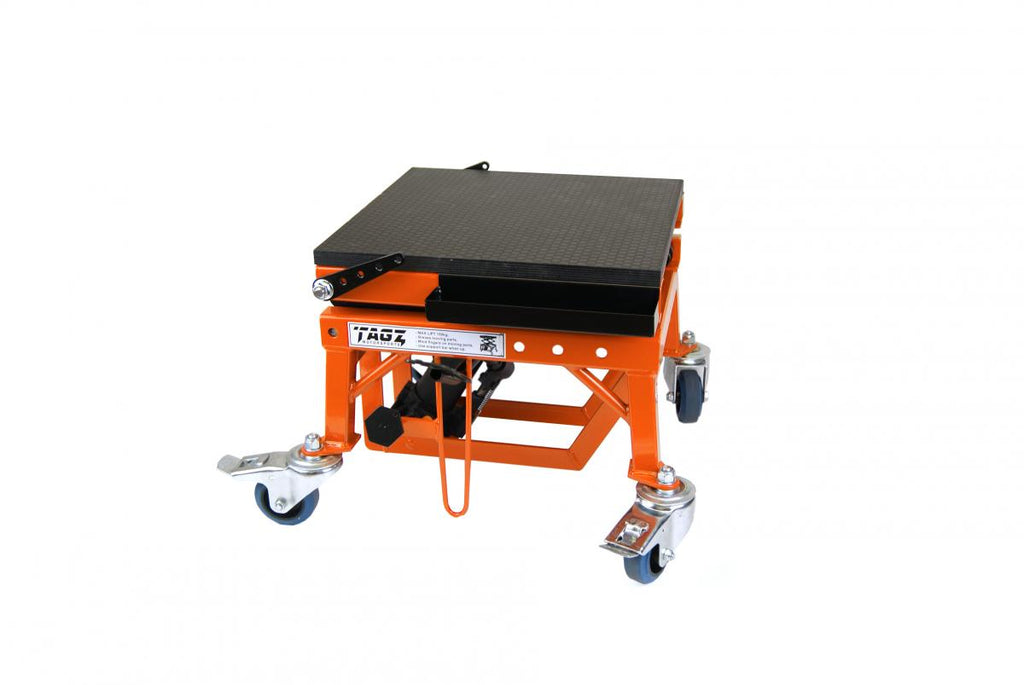 TAGZ WHEEL ABOUT LIFT ORANGE BLACK HYDRAULIC SCISSOR STAND MAX LIFT WEIGHT 150KG
