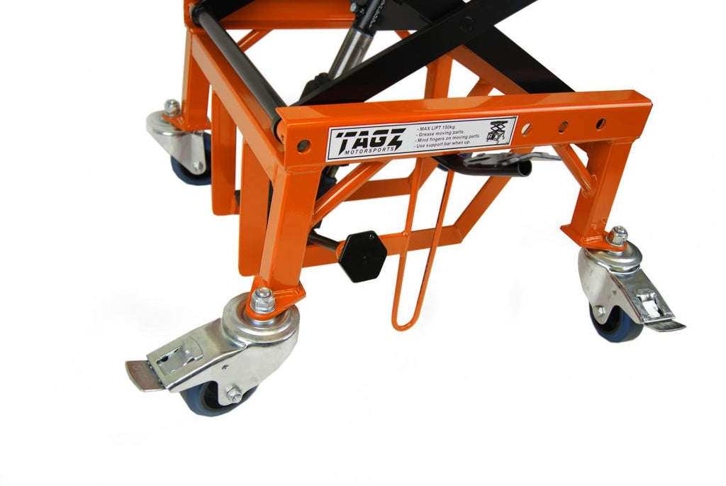 TAGZ WHEEL ABOUT LIFT ORANGE BLACK HYDRAULIC SCISSOR STAND MAX LIFT WEIGHT 150KG