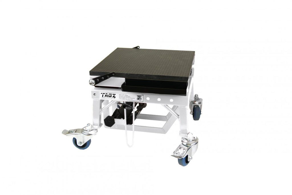 TAGZ WHEEL ABOUT LIFT 150KG (FREIGHT), WHITE/BLACK HYDRAULIC SCISSOR STAND, MAX LIFT WEIGHT 150KG