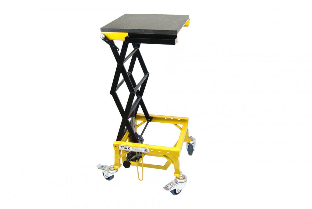 TAGZ WHEEL ABOUT LIFT 150KG (FREIGHT), YELLOW/BLACK HYDRAULIC SCISSOR STAND, MAX LIFT WEIGHT 150KG