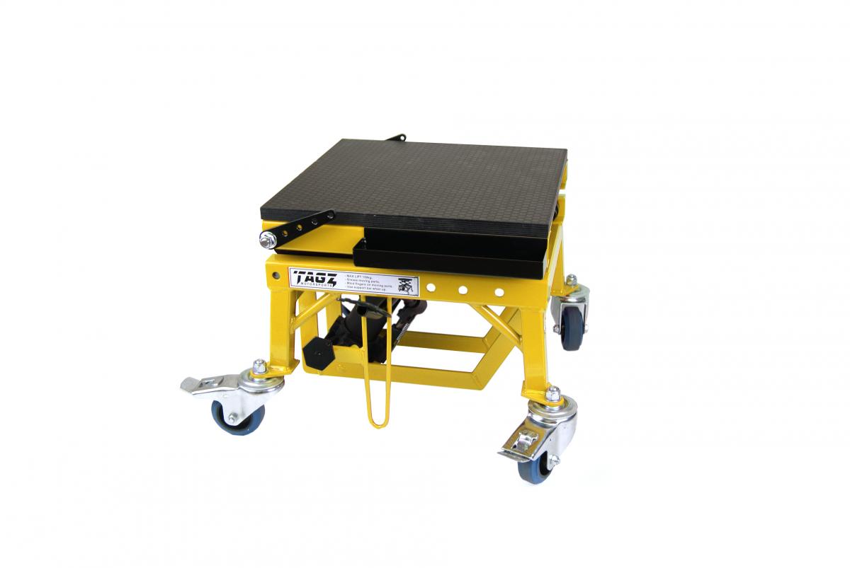 TAGZ WHEEL ABOUT LIFT 150KG (FREIGHT), YELLOW/BLACK HYDRAULIC SCISSOR STAND, MAX LIFT WEIGHT 150KG