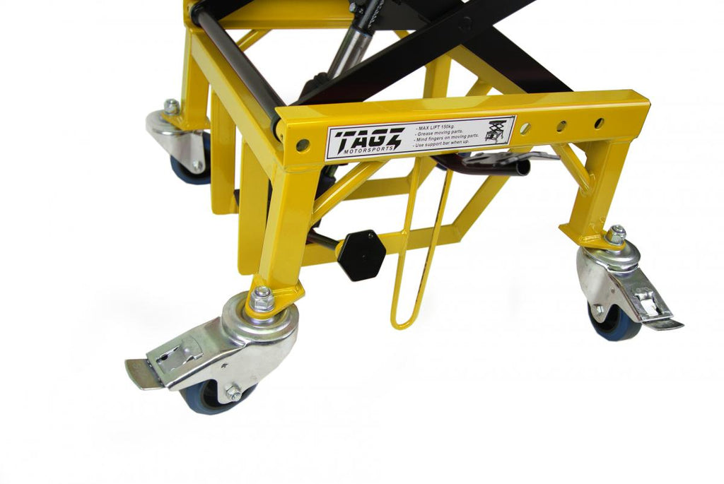 TAGZ WHEEL ABOUT LIFT 150KG (FREIGHT), YELLOW/BLACK HYDRAULIC SCISSOR STAND, MAX LIFT WEIGHT 150KG