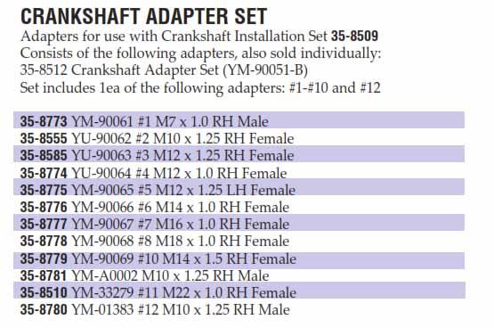 CRANKSHAFT ADAPTER YU-90064, 35-8774 M12 x 1.0 RH FEMALE, TOOLS