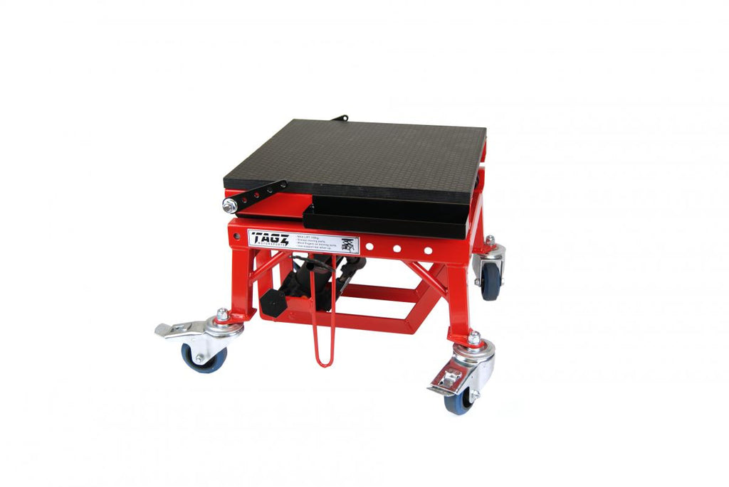 TAGZ WHEEL ABOUT LIFT 150KG (FREIGHT), RED/BLACK HYDRAULIC SCISSOR STAND, MAX LIFT WEIGHT 150KG