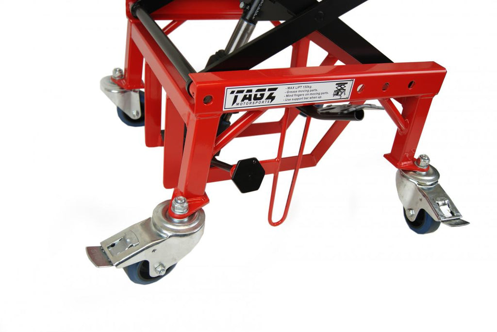 TAGZ WHEEL ABOUT LIFT 150KG (FREIGHT), RED/BLACK HYDRAULIC SCISSOR STAND, MAX LIFT WEIGHT 150KG