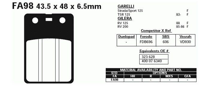 BRAKE PADS VESRAH VD930, (EBC FA98 FA098)