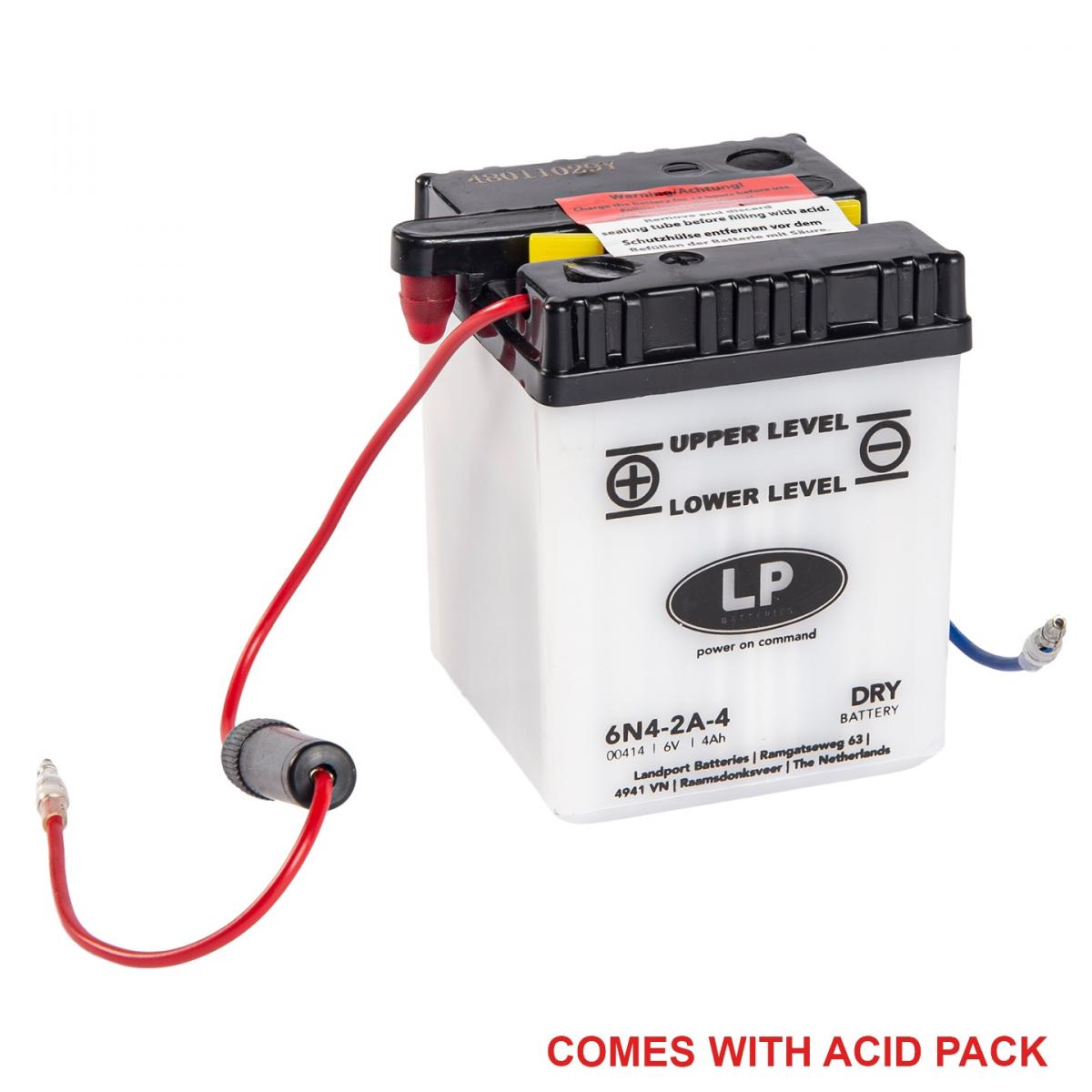 BATTERY 6N4-2A-4 6V 4Ah, LANDPORT 00414 WITH ACID PACK, ROAD, MC MA 6N4-2A-4