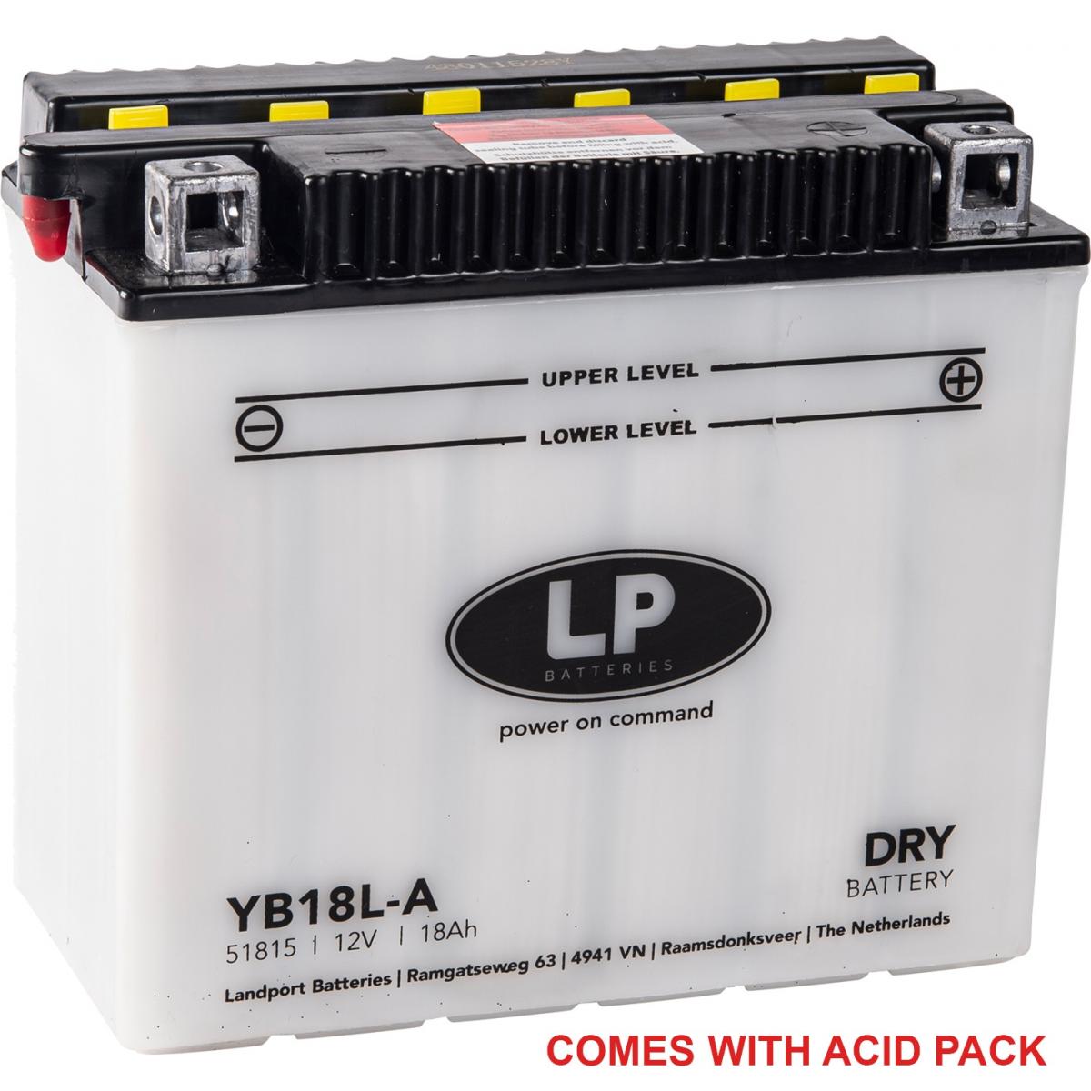 BATTERY YB18L-A 12V 18Ah., LANDPORT WITH ACID PACK, ROAD, MC MA YB18L-A, MD LB18L-A