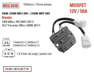 REGULATOR VOLTAGE CBR600RR, 31600-MFJ-D01 AHA6056 ROAD 31600-MFF-D01, CBR 600cc RR 2007-2012 230-58087, 230-58305