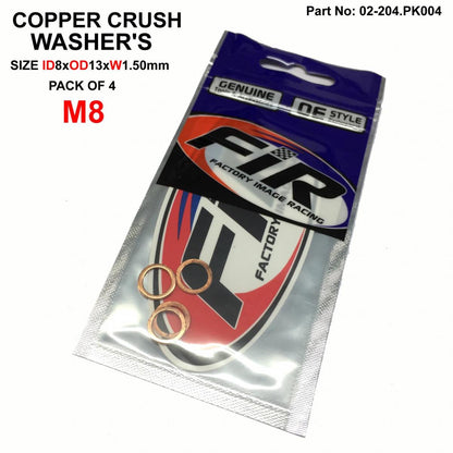 COPPER WASHER M8 PK OF 4, SIZE ID8 x OD13 x W1.5mm