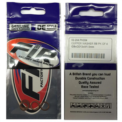 COPPER WASHER M8 PK OF 4, SIZE ID8 x OD13 x W1.5mm