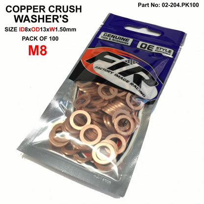 COPPER WASHER M8 PK OF 100, SIZE ID8 x OD13 x W1.5mm