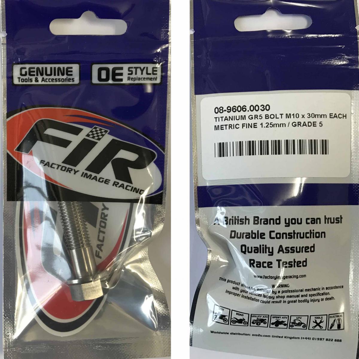 TITANIUM GR5 BOLT M10 x 30mm EACH, METRIC FINE 1.25mm / GRADE 5