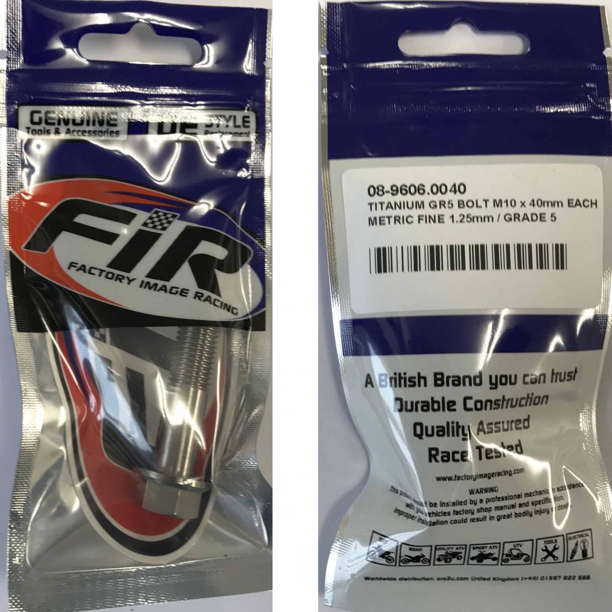 TITANIUM GR5 BOLT M10 x 40mm EACH, METRIC FINE 1.25mm / GRADE 5