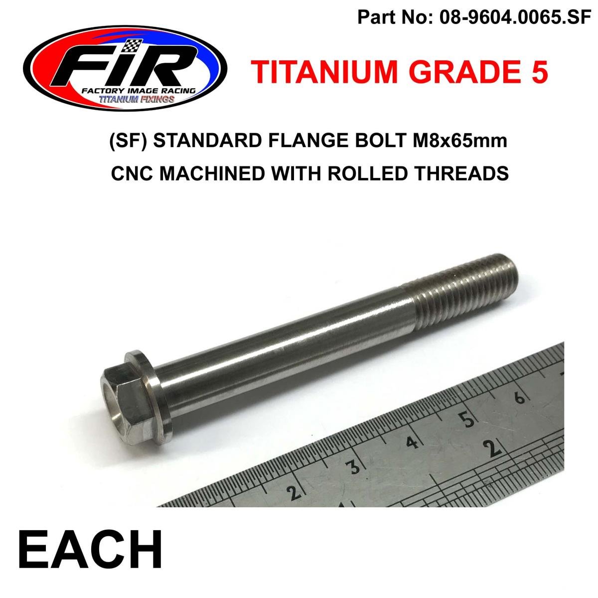 TITANIUM GR5 BOLT M8 x 65mm EACH, FLANGE OD: 14mm / HEX SIZE: 10mm, /