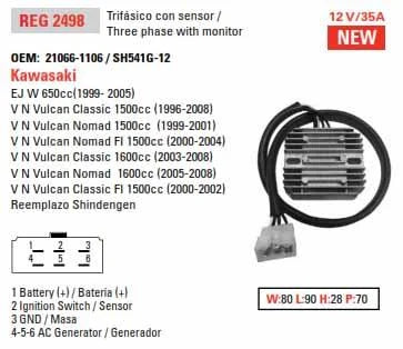 RECTIFIER / REGULATOR 12V VN1500 Vulcan, ARROWHEAD 230-58232, 21066-1106, SH541G12, STREET