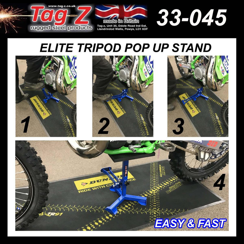 ELITE TRIPOD POP UP STAND, BIG FEET / GLOSS BLACK / TAG-Z, MX STAND PIT PADDOCK ENDURO