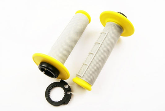 LOCK ON GRIP SET 03-15 KTM HUSQ, HALF WAFFLE SOFT GREY/YELLOW, ODI STYLE, FIR -