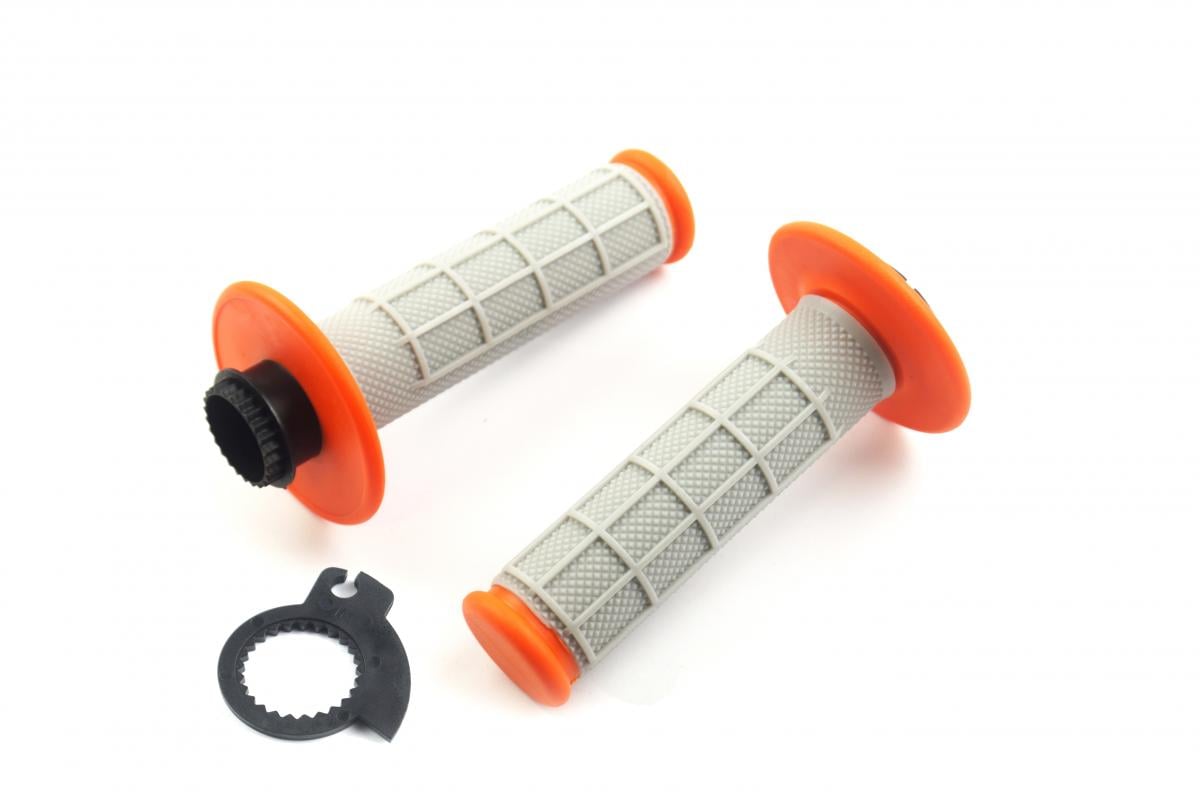 LOCK ON GRIP SET 50 65 KTM HUSQ, HALF WAFFLE SOFT GREY/ORANGE, ODI STYLE, FIR -