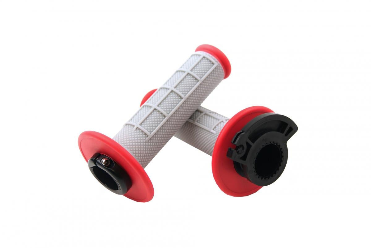 LOCK ON GRIP SET KTM HUSQ HONDA, HALF WAFFLE SOFT GREY/RED, ODI STYLE, FIR -