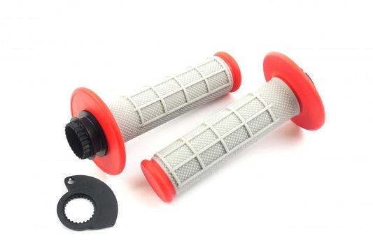 LOCK ON GRIP SET KTM HUSQ HONDA, HALF WAFFLE SOFT GREY/RED, ODI STYLE, FIR -