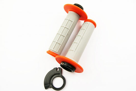 LOCK ON GRIP SET KTM HUSQ HONDA, HALF WAFFLE SOFT GREY/ORANGE, ODI STYLE, FIR -