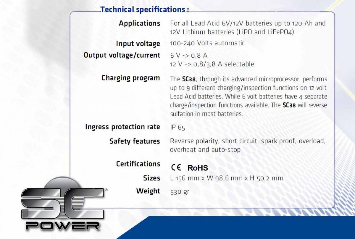 SC38 BATTERY CHARGER 6V 12V LEAD LITHIUM BATTERY CHARGER 3,8A, !!!*** EU SOCKET ***!!! PS SC38