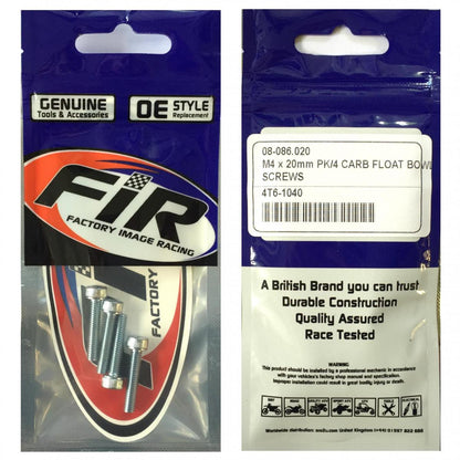 M4 x 20mm PK/4 CARB FLOAT BOWL, STEEL BZP SCREWS PACK OF 4, / RE 08-9640.020