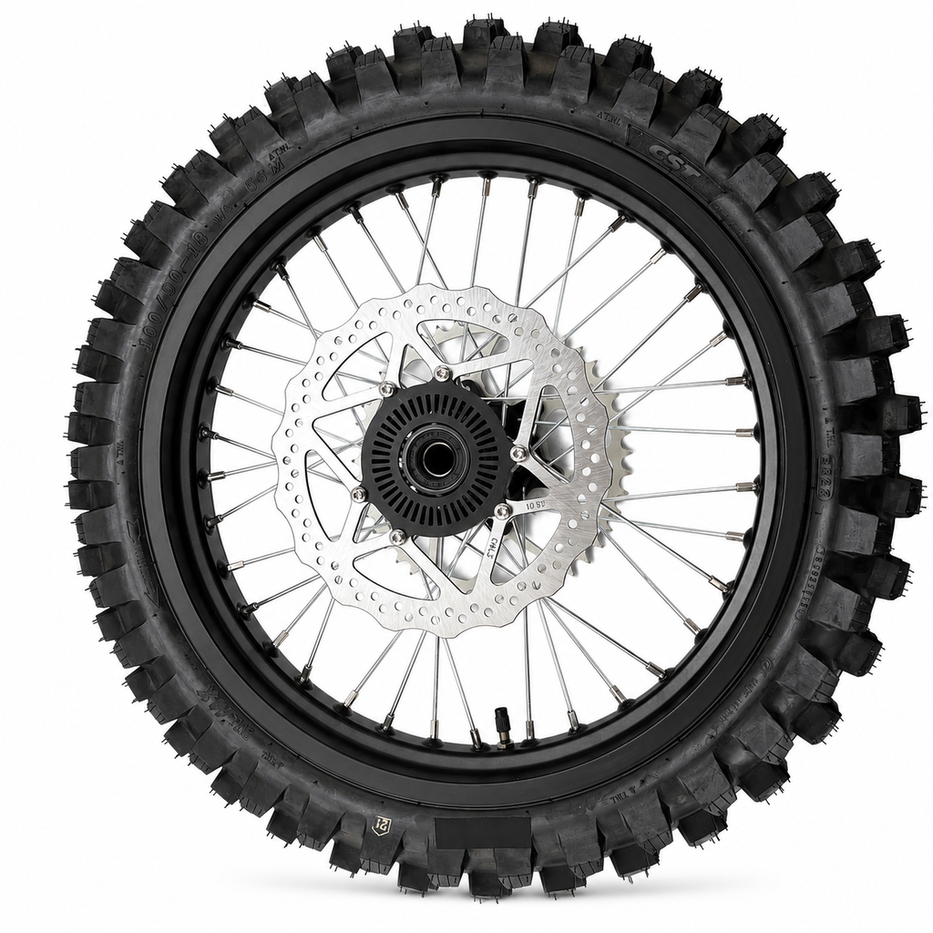 REAR WHEEL SET J18 X MT2.50 CST 100/90-18 TYRE 46T 520 SPROCKET AND DISC SUR-RON ULTRA BEE